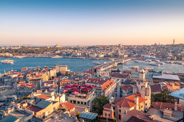 Beautiful sunset aerial view over istanbul historic centre with Galata bridge