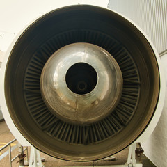 Rear view of the jet engine of a passenger aircraft, close-up view