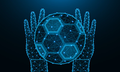 Hands and soccer ball low poly design, football, sports game in polygonal style, catch or throw the ball wireframe vector illustration made from points and lines on dark blue background