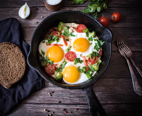 Fried eggs with vegetables, Breakfast
