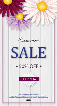 Summer sale banner with realistic daisies on white wooden background. Vector illustration