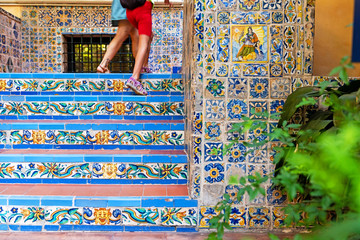 Madrid. Traditional spanish ceramic mosaic. Beautiful Andalusian gardens of Sorolla Museum....