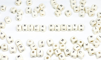 ecommerce email blogging online advertising and social media marketing term wooden abc trick banner.