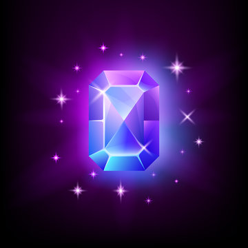 Rectangular blue shining gemstone with magical glow and stars on dark background vector illustration.