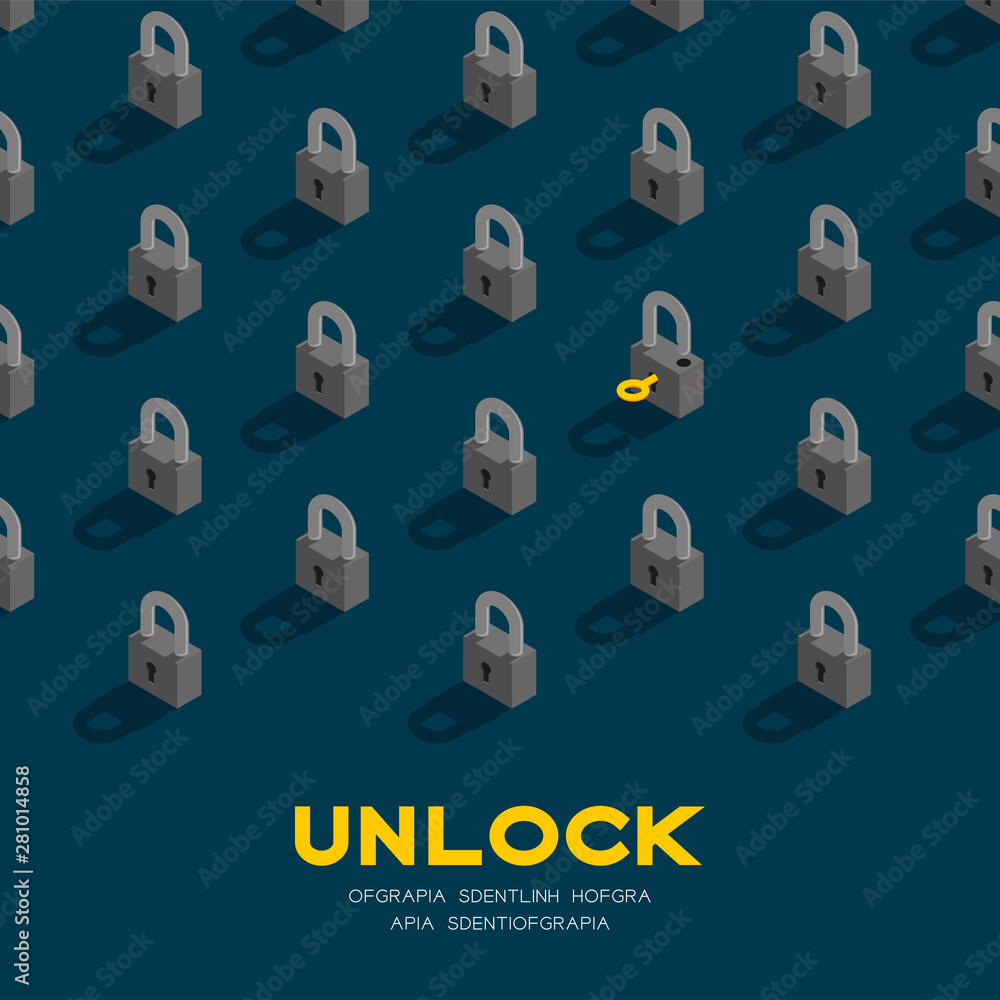Aufkleber lock and key 3d isometric pattern, password unlock concept poster and banner square design illustrat