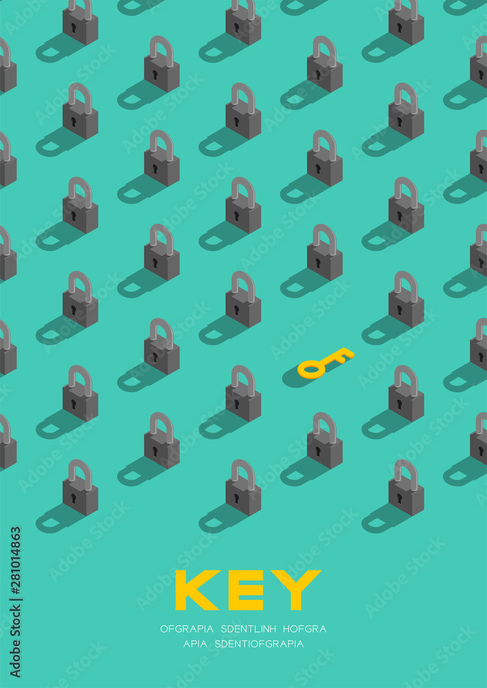 Poster lock and key 3d isometric pattern, password unlock concept poster and banner vertical design illustr