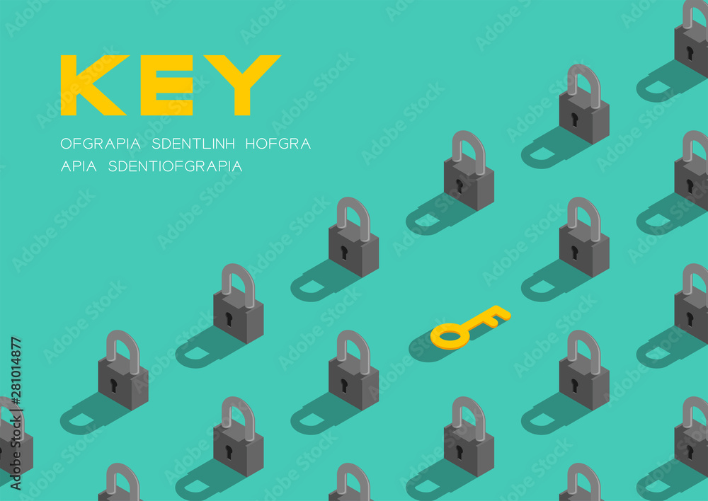 Aufkleber lock and key 3d isometric pattern, password unlock concept poster and banner horizontal design illus