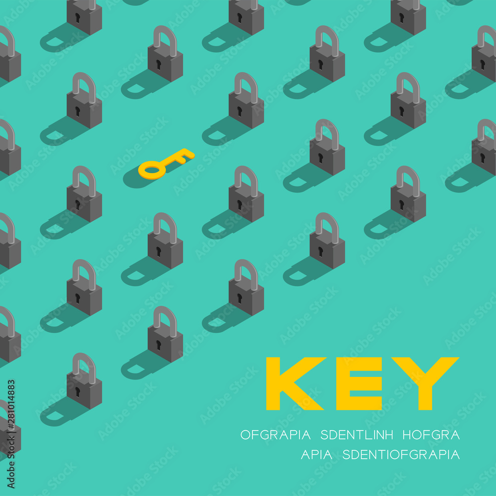Aufkleber lock and key 3d isometric pattern, password unlock concept poster and banner square design illustrat
