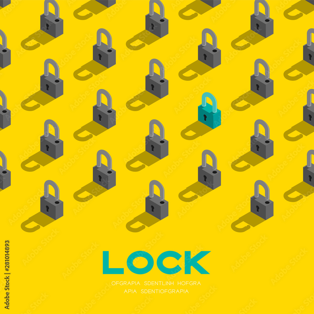 Poster lock 3d isometric pattern, password unlock concept poster and banner square design illustration isol