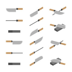 Japanese or Chinese Knives, whetstone and sharpener 3D isometric, Sharpen Kitchen knife utensils concept poster and banner design illustration isolated on white background with space, vector eps 10