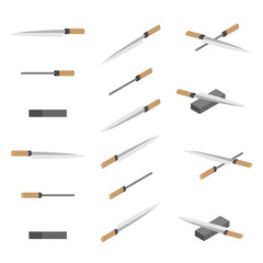 Japanese or Chinese Knives, whetstone and sharpener 3D isometric, Sharpen Kitchen knife utensils concept poster and banner design illustration isolated on white background with space, vector eps 10