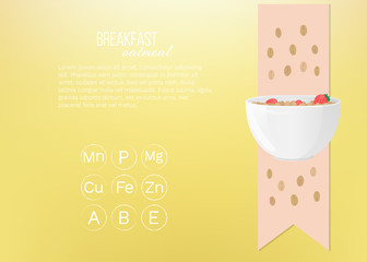 Vector illustration with bowl of oatmeal and names of vitamins and minerals. Template for banner, article about health, card or flyer, promotion or for design packaging.