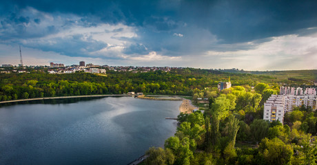 Fototapeta na wymiar Aerial panoramic shot of Chisinau city with Valea Morilor park. Moldova