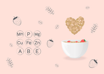 Vector illustration with bowl of oatmeal and names of vitamins and minerals. Template for banner, article about health, card or flyer, promotion or for design packaging.