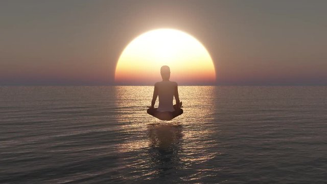 3D animation of a young woman sitting in deep meditation.Yoga meditation by a woman on the ocean at sunrise,3D Rendering, Seamlessly loopable animation.