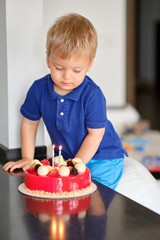 Two year old boy with birthday cake