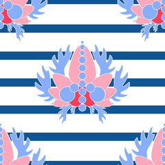 Seamless pattern with big exotic flowers and stripes