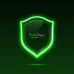 Glass banner shape shield. Transparent billboard with neon lights. Vector illustration.