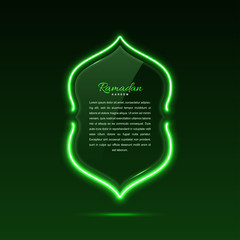 Glass banner arabic style. Transparent billboard with neon lights. Vector illustration.