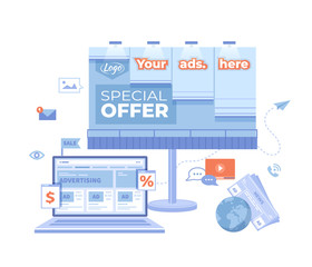 Advertising Outdoor and Online.  Billboard, newspaper with offers, discounts and laptop with social media ad website. Advertising agency. Vector illustration on white background.