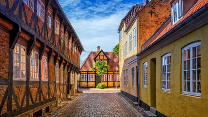 Street and houses in Ribe town, Denmark - obrazy, fototapety, plakaty