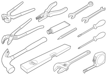 Construction tool collection - vector isometric outline illustration - obrazy, fototapety, plakaty