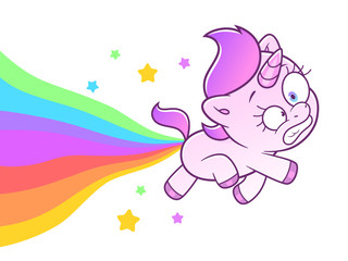 Cute crazy unicorn makes rainbow © Refluo