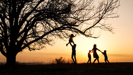 Silhouettes of family spending time together in the meadow near during sunset