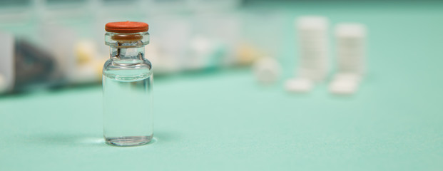 Medical ampoules, syringe and pills