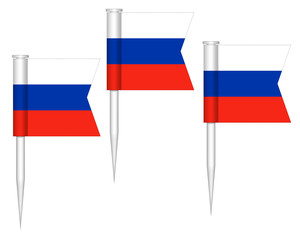 Russian flag push pins, vector illustration. Mini stick small pushpin flags of Russia isolated on white background