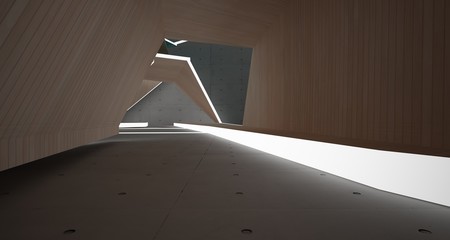 Abstract  concrete, glass and wood interior  with neon lighting. 3D illustration and rendering.