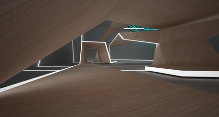 Obraz premium Abstract concrete, glass and wood interior with neon lighting. 3D illustration and rendering.