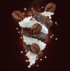 Fresh hot aroma black coffee, espresso, americano 3D splash with roasted  coffee beans, fresh milk or cream splash on dark background. Coffee with milk, latte, cappuccino, mocha label design element