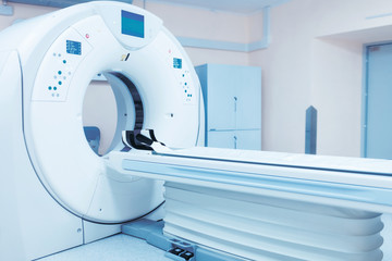 CT (Computed tomography) scanner in hospital laboratory. exam medical room scan. CMYK advertising...