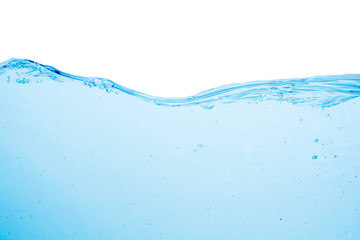 blue water surface with splash, waves and air bubbles on white background