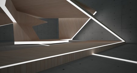 Abstract  concrete, glass and wood interior  with neon lighting. 3D illustration and rendering.