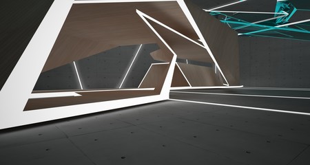 Abstract  concrete, glass and wood interior  with neon lighting. 3D illustration and rendering.