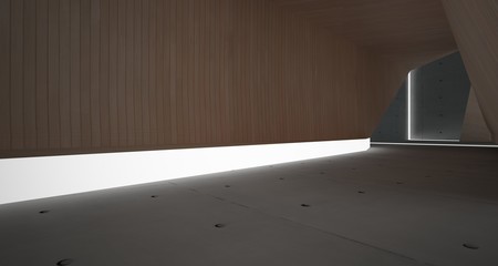 Abstract  concrete, glass and wood interior  with neon lighting. 3D illustration and rendering.