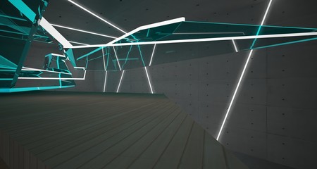 Obraz premium Abstract concrete, glass and wood interior with neon lighting. 3D illustration and rendering.