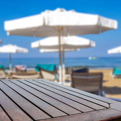 Desk of free space and summer beach landscape 