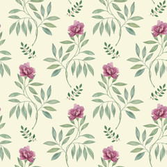 Seamless watercolor flowers pattern. Hand painted pion. Botanical pattern. Ornament flowers.