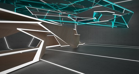 Abstract  concrete, glass and wood interior  with neon lighting. 3D illustration and rendering.