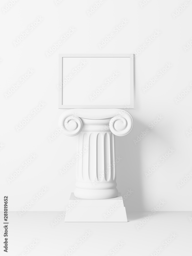 Poster white horizontal picture frame on top of an antique column isolated on a white background. 3d render