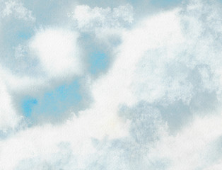 Drawn clouds. Colorful painting in watercolor. Sky background. Hand painted illustration of a cloud. Watercolor texture on paper close up.