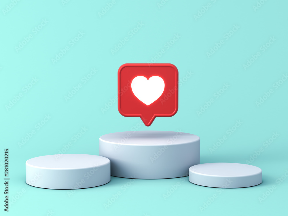 Fototapete 3d social media notification neon light like heart icon in red speech bubble pin on white podium iso