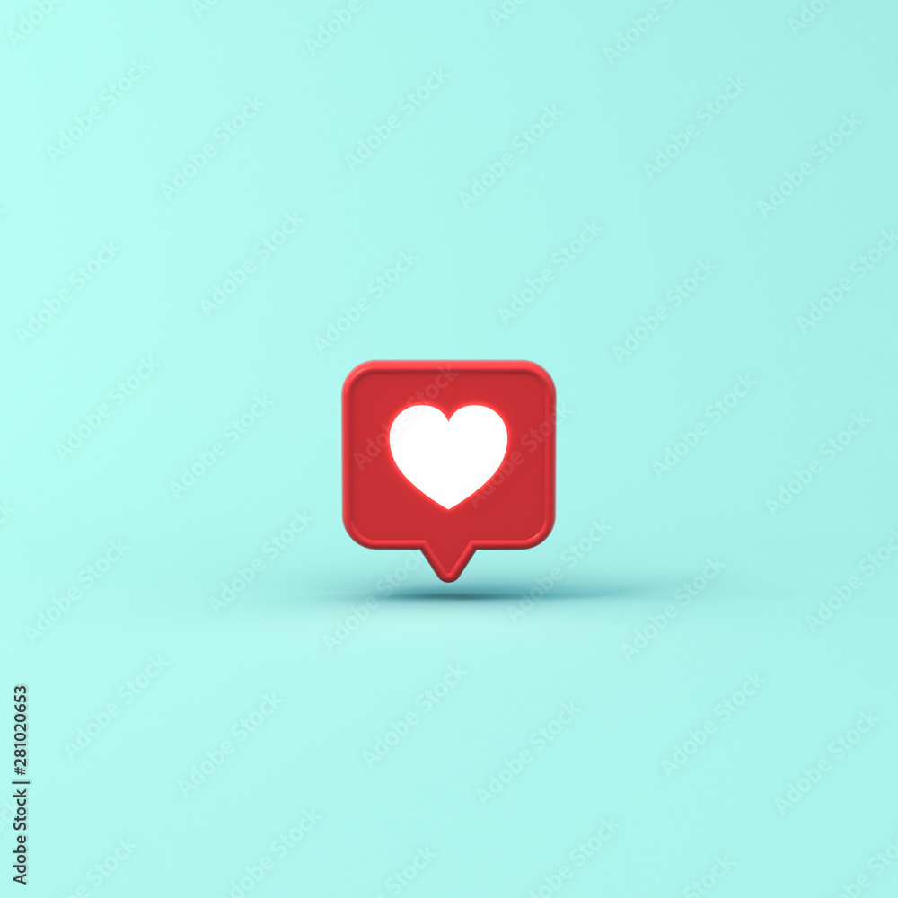 Poster 3d social media notification neon light like heart icon in red speech bubble pin isolated on blue pastel color background with shadow 3D rendering