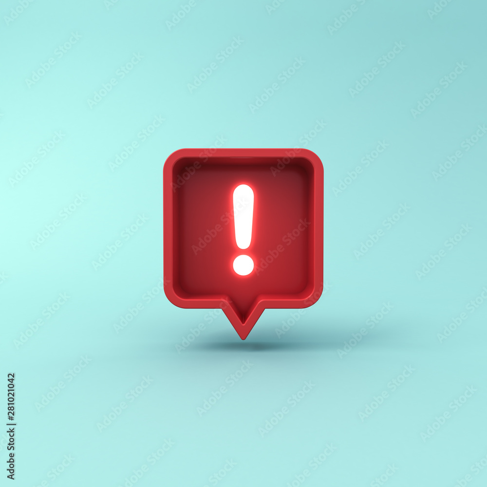 Aufkleber 3d social media notification neon light exclamation mark icon in red rounded square pin isolated on 