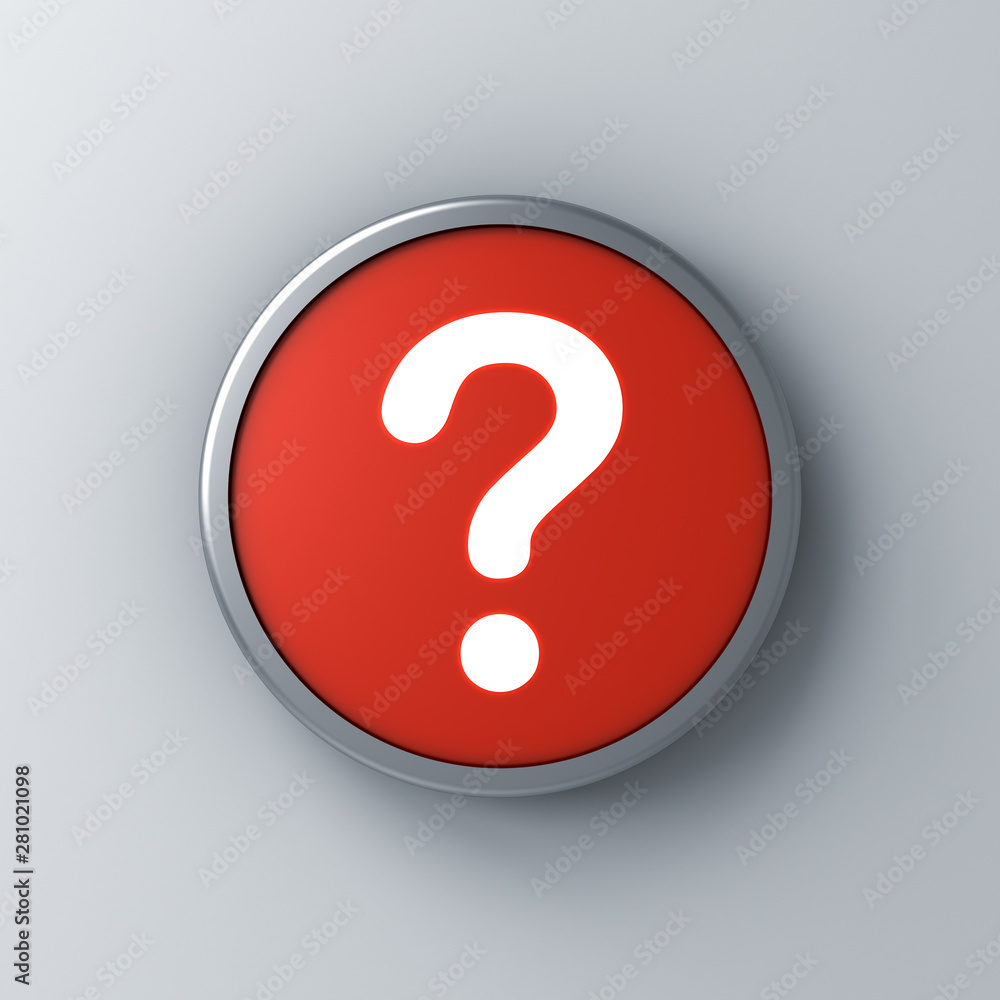 Poster Neon light question mark icon in red round sign button isolated on dark white wall background with shadow 3D rendering