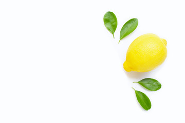 Lemon  and slices with leaves isolated on white. Copy space