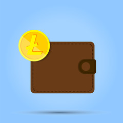 A penny of currency is located at the edge of the purse on a blue background